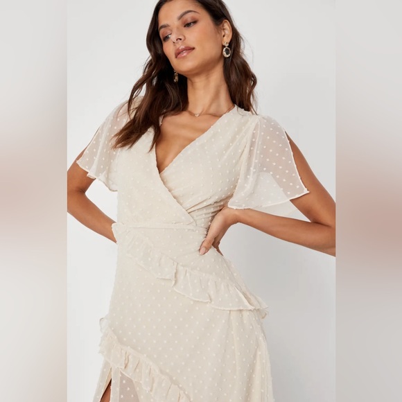 Lulu’s Next to You Cream Swiss Dot Ruffled Midi Dress XXS - Picture 4 of 5